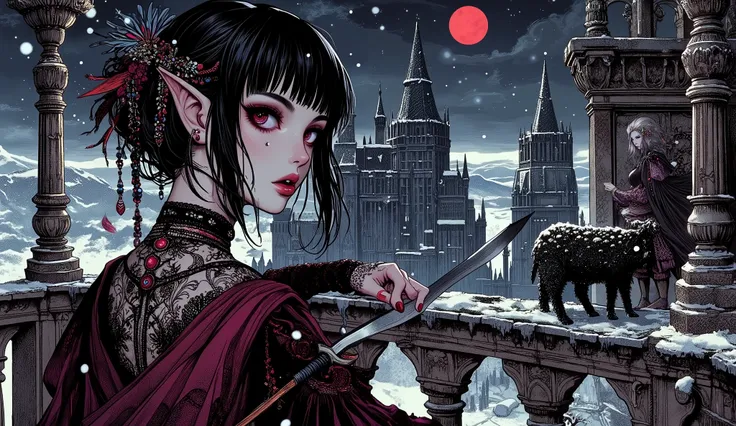(A fusion of Ukiyo-e and dark fantasy. Aesthetic and gothic digital art. Illustrations are drawn from the perspective of looking up diagonally from the ground.) BREAK
(Black hair. Blunt bangs. Black eyebrows. Long black eyelashes. Almond-shaped eyes. Ruby...