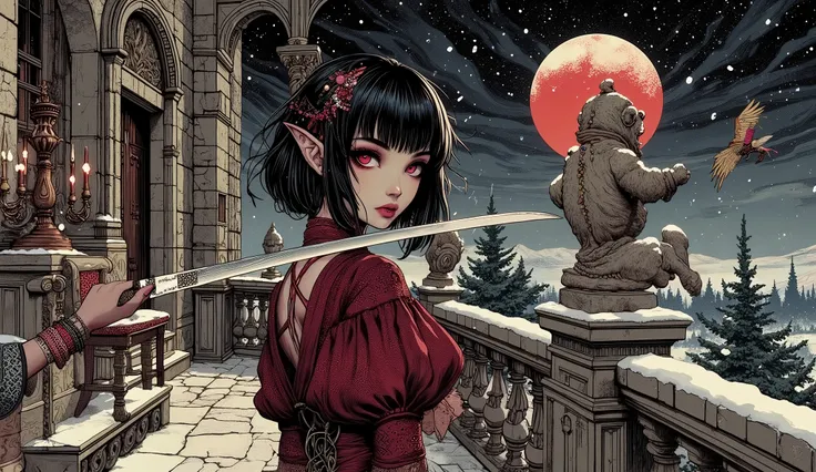 (A fusion of Ukiyo-e and dark fantasy. Aesthetic and gothic digital art. Illustrations are drawn from the perspective of looking up diagonally from the ground.) BREAK
(Black hair. Blunt bangs. Black eyebrows. Long black eyelashes. Almond-shaped eyes. Ruby...