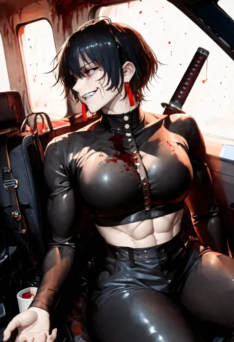 best quality, detailed background, (highly detailed),(dynamic lighting), masterpiece, very aesthetic, kagari hiyuki (kagurabachi), 1girl, kagari hiyuki, black hair, short hair, long red earrings, solo, black crop top with long sleeves, black sleeves, abs, ...
