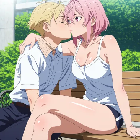(best quality,4k,8k,highres,masterpiece:1.2),ultra-detailed,realistic,,anime,pastel colors,soft lighting,shiny skin, posing, ,soufrie, aira shiratori , (  with older boy) (blonde haired boy),(aira shiratori, short hair, bangs, hair between eyes, pink hair,...