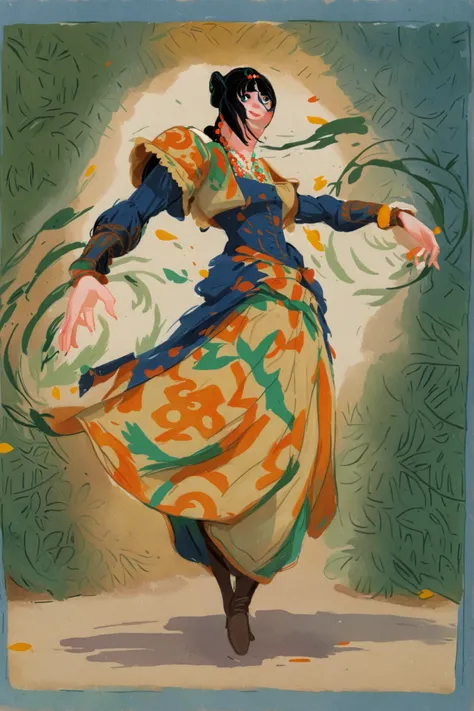 1girl, black hair, fair pale skin, expressive face, black eyes,  long_hair, wearing a vibrant long peasant medieval dress, detailed clothing, sketches, detailed thick gouache painting, illustration, in gougoupaintleaves style:1.5, novuschroma04 style
