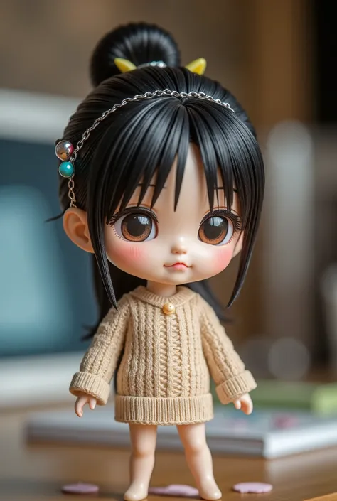 A UHD 16K masterpiece showcasing a miniature Asian young woman action figure, resembling characters like Aini, Tobrut, Sandra, Dara, Yasmin, or Fuji. She wears a sweater and comes complete with accessories, displayed on a table. The 3D realistic caricature...