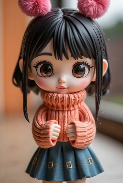 A UHD 16K masterpiece showcasing a miniature Asian young woman action figure, resembling characters like Aini, Tobrut, Sandra, Dara, Yasmin, or Fuji. She wears a sweater and comes complete with accessories, displayed on a table. The 3D realistic caricature...