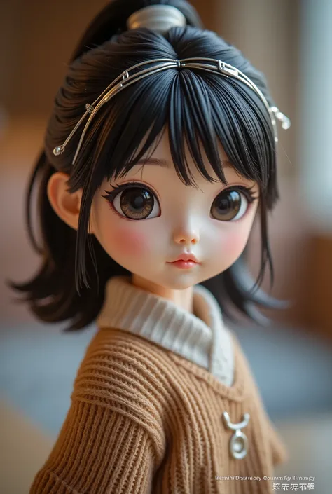 A UHD 16K masterpiece showcasing a miniature Asian young woman action figure, resembling characters like Aini, Tobrut, Sandra, Dara, Yasmin, or Fuji. She wears a sweater and comes complete with accessories, displayed on a table. The 3D realistic caricature...