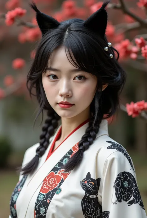 (full body portrait of a Japanese girl in the style of Conrad Roset, Nicola Samori), (shiny black curly hair, cat ears), (pure white kimono:1.6), (black, cat print:1.5), more detail XL
