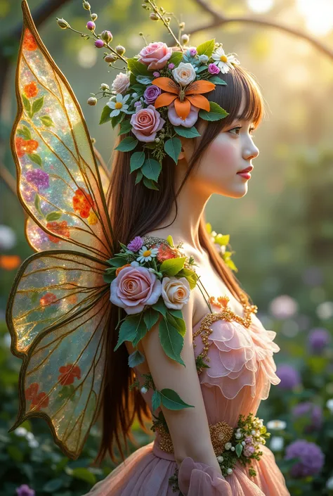 A whimsical fairy composed entirely of various flowers, with each part of her body intricately designed using different petals and blossoms. Her wings, delicate and translucent, resemble the intricate patterns of flower petals, shimmering in a spectrum of ...