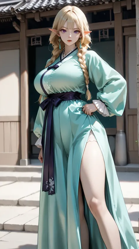  very aesthetic, 걸작, 고해상도, 8k 해상도, high contrast, (semi-realistic), newest, koreanai, best_quality, finely_detailed_eyes_and_detailed_face, (1 girl), solo, long_hair, twin Braides, frill black hanbok, wide_sleeves, frill sleeves, long_pointy_ears, earrings...
