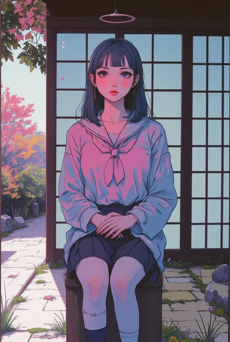 Black Hair,short hair,black eye,Angel&#39;s wing,Black clothes,Gender unknown,Expressionless,The lines are a little rough, best quality, masterpiece, 748cmstyle, 1girl, angel wings, white skirt, glitch, halo, bandaid on leg, black hair, barcode, school uni...