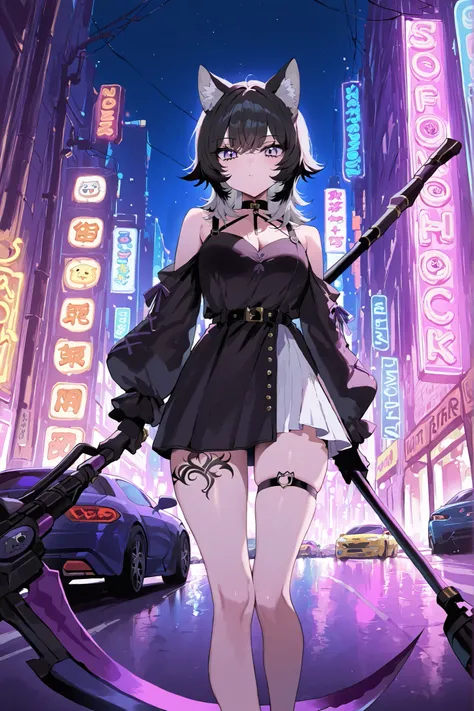 ((From front)), thigh up, Neko Female, ((wolf cut black hair, Black cat ears))) , long Wolf Cut black hair, (yellow and purple Ombre eyes), Black and white dress like Yor, wearing Chocker, wielding Scythe, Street background, Neon Lights, Cars and motorbike...
