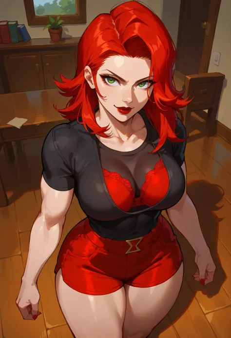 score_9, score_8_above, score_7_above, score_6_above, Expressiveh, Black Widow_Rivals , 1 ,  alone,   beautiful, perfect tall face ,   long red hair,   asymmetric hair ,  dark red lips, adjust, thin,  thin waist,  smile, (thick thighs), ( muscular thighs :...