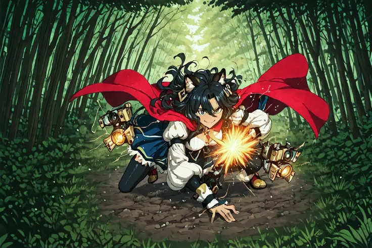 Anime comic book style illustration , reinvented Little Red Riding Hood, confident heroine, dynamic movement.short black hair costumes、
gracefully draped A stunning representation of **"hunter"**, a character with dual identity, in an intense moment **acti...