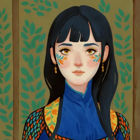 1girl, black hair, fair pale skin, expressive face, black eyes,  long_hair, wearing a vibrant long peasant medieval dress, detailed clothing, sketches, detailed thick gouache painting, illustration, in gougoupaintleaves style:1.5, novuschroma04 style

