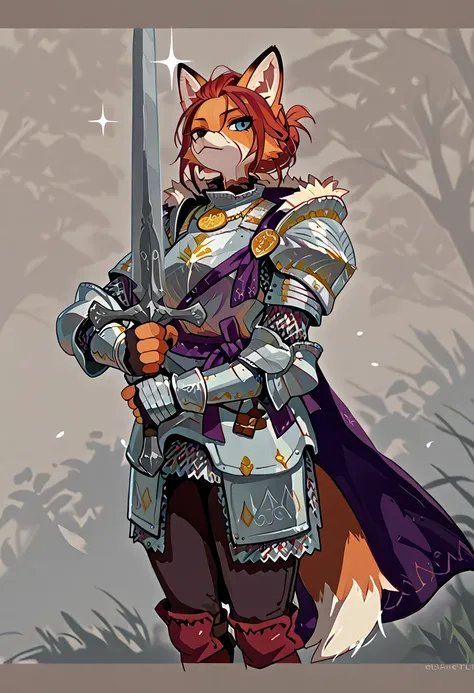 female Anthro red fox, brown-red fur, white tipped tail, pale blue eyes, brown-red hair styled in a chignon bun, fox ears on the top of her head (white fur tuffs), wearing high-class medieval armor: chainmail undershirt, arm bracers with lion claw design, ...