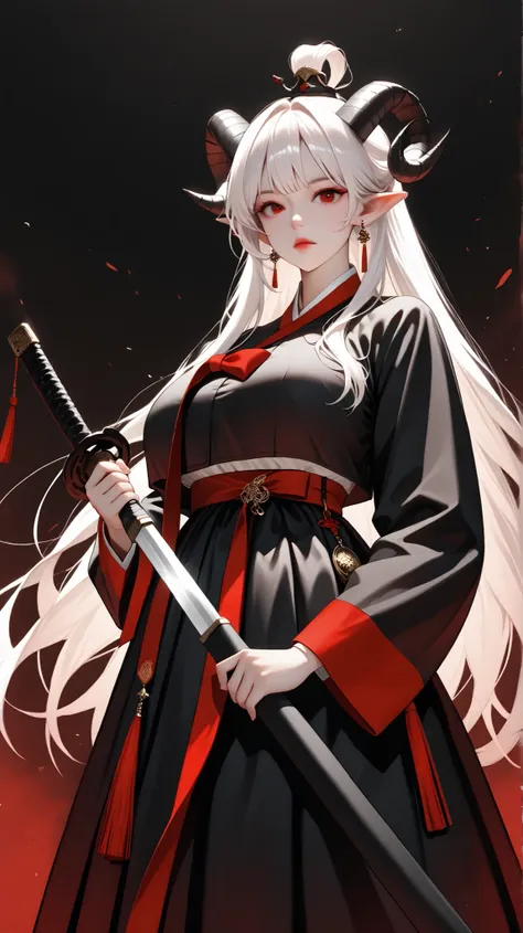  very aesthetic, 걸작, 고해상도, 8k 해상도, high contrast, (semi-realistic), newest, koreanai, best_quality, finely_detailed_eyes_and_detailed_face, (1 girl), solo,(red_eyes), red_skin, sheep_horn, long_hair, topknot, (black_hanbok, black_clothes, hanbok), wide_sle...