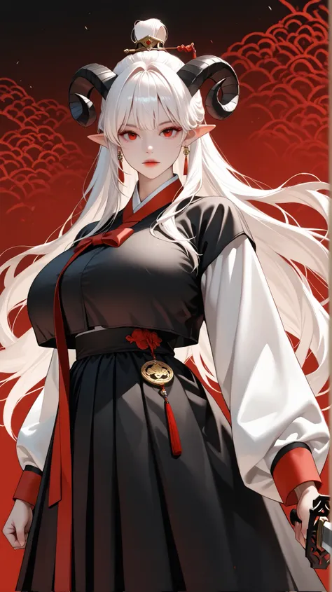  very aesthetic, 걸작, 고해상도, 8k 해상도, high contrast, (semi-realistic), newest, koreanai, best_quality, finely_detailed_eyes_and_detailed_face, (1 girl), solo,(red_eyes), sheep_horn, long_hair, topknot, (black_hanbok, black_clothes, hanbok), wide_sleeves, tigh...