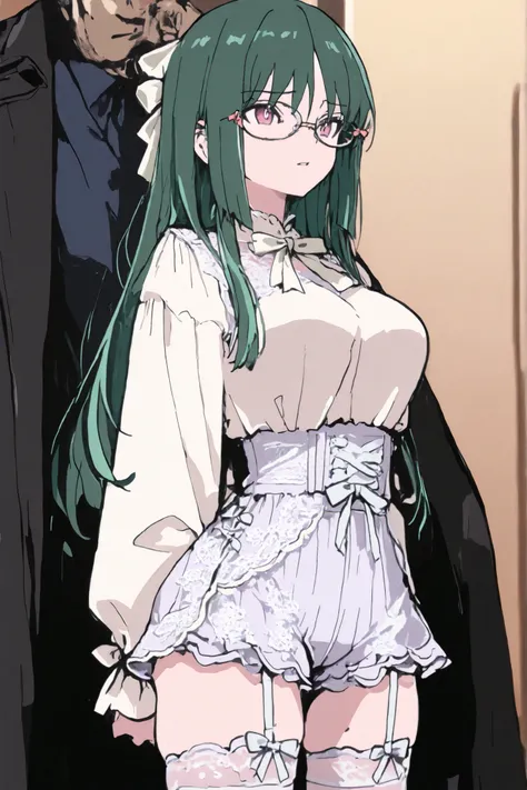 haruna,green hair, pink eyes, long hair, glasses, large breasts, sexy top, High-waisted bloomers in cream and ivory tones, layered ruffles with lace trim, soft fabric, bows on the sides, stockings, Haruna becomes a victim of organized violence and blackmai...