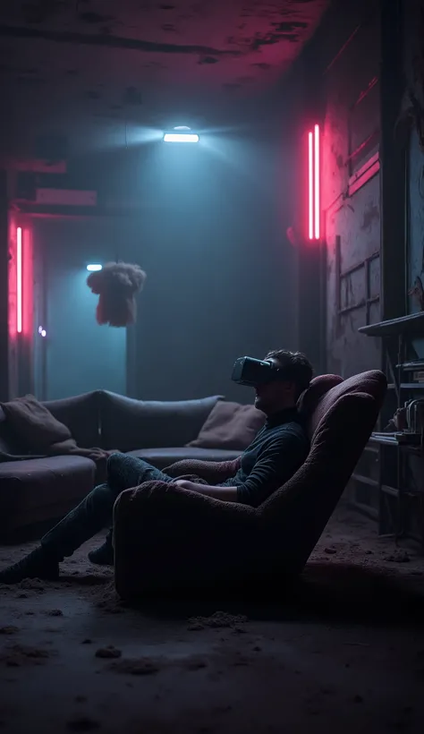 Shot of a young European man covered in dust, brown hair, black turtleneck and black pants covered in dust, wearing a black virtual reality headset covered in dust, slumped inert, head back, in an armchair in his living room covered in dust, dark sinister ...