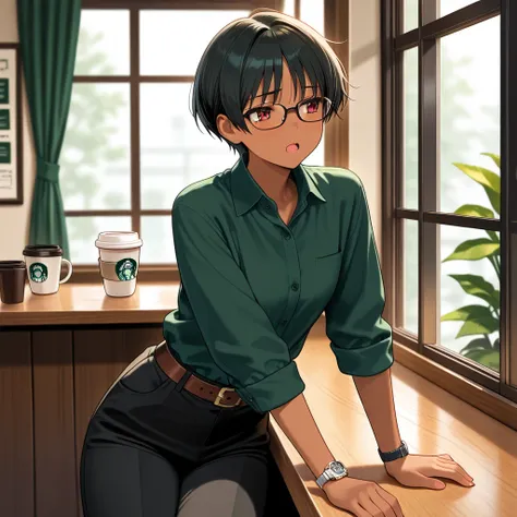 one man, solo, open mouth, red eyes, black hair, looking sideways, short hair, slim, ((dark skin)), bangs, long sleeves, ((dark green collared shirt with rolled up sleeves)), silver watch, (black long pants), brown belt, black socks, upper body, (black rimmed glasses), indoors, (sitting at wooden counter), (tired expression), (drinking coffee), upper body, (patient expression),, window, plants, curtains, plants, flowers, business clothes, coffee shop, cafe, coffee cup, perfect hands, cute, blurry background. Description: Perfect, Masterpiece, Top Quality, Very Beautiful, Exquisite, High Quality
