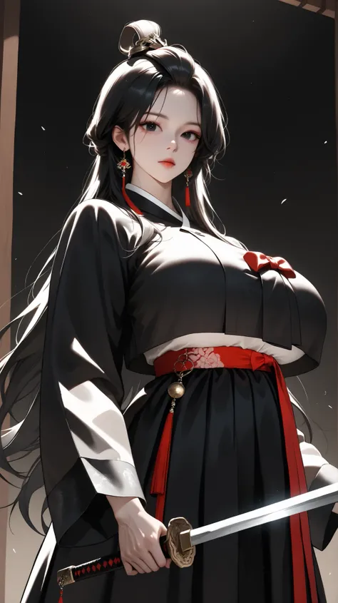  very aesthetic, 걸작, 고해상도, 8k 해상도, high contrast, (semi-realistic), newest, koreanai, best_quality, finely_detailed_eyes_and_detailed_face, (1 girl), solo,(black_eyes), long_hair, topknot, (black_hanbok, black_clothes, hanbok), wide_sleeves, tight_waist, u...
