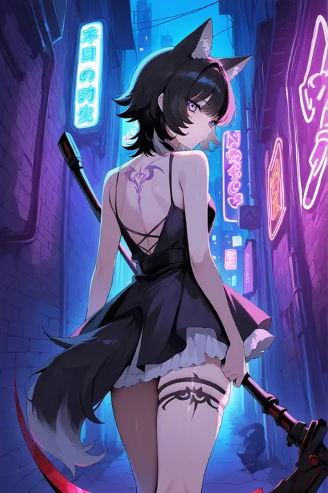 ((From front)), thigh up, Neko Female, ((wolf cut black hair, Black cat ears))) , long Wolf Cut black hair, (yellow and purple Ombre eyes), Black and white dress like Yor, wearing Chocker, wielding Scythe, back of alley background, Neon Lights, motorbikes ...
