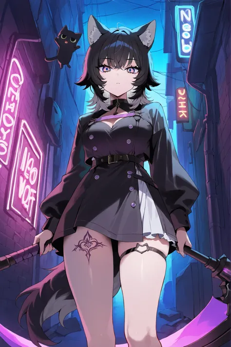 ((From front)), thigh up, Neko Female, ((wolf cut black hair, Black cat ears))) , long Wolf Cut black hair, (yellow and purple Ombre eyes), Black and white dress like Yor, wearing Chocker, wielding Scythe, back of alley background, Neon Lights, motorbikes ...