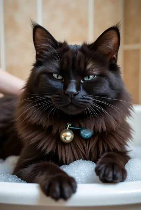 masterpiece, best quality, amazing quality, very aesthetic, high resolution, ultra-detailed, absurdres, newest, highly detail eyes, masterpiece, best quality, a fluffy black ragdoll cat with closed eyes, wearing a bell collar, bathroom background, smile, p...