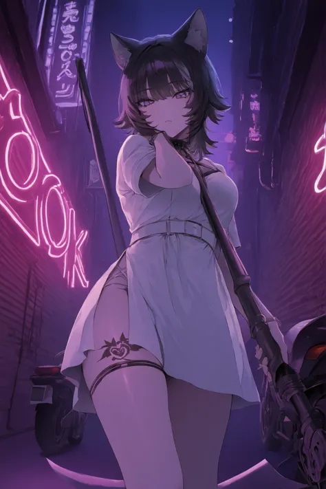 ((From front)), thigh up, Neko Female, ((wolf cut black hair, Black cat ears))) , long Wolf Cut black hair, (yellow and purple Ombre eyes), Black and white dress like Yor, wearing Chocker, wielding Scythe, back of alley background, Neon Lights, motorbikes ...