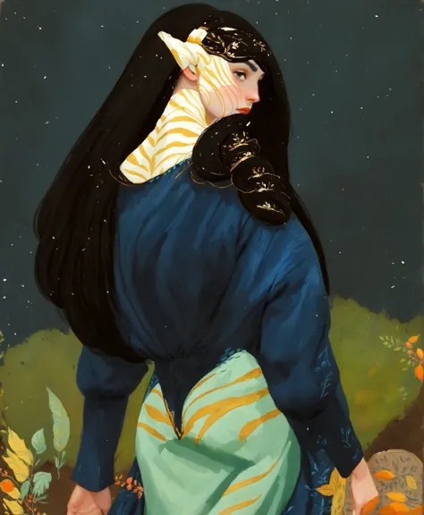 1girl, black hair, fair pale skin, expressive face, black eyes,  long_hair, wearing a vibrant long peasant medieval dress, detailed clothing, sketches, detailed thick gouache painting, illustration, in gougoupaintleaves style:1.5, novuschroma04 style
