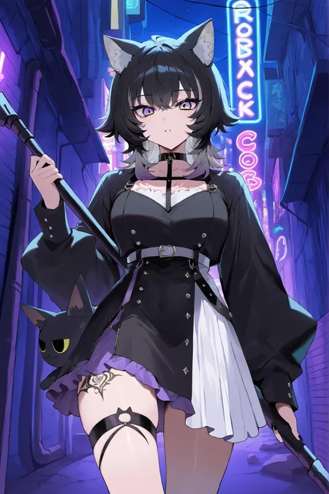 ((From front)), thigh up, Neko Female, ((wolf cut black hair, Black cat ears))) , long Wolf Cut black hair, (yellow and purple Ombre eyes), Black and white dress like Yor, wearing Chocker, wielding Scythe, back of alley background, Neon Lights, motorbikes ...
