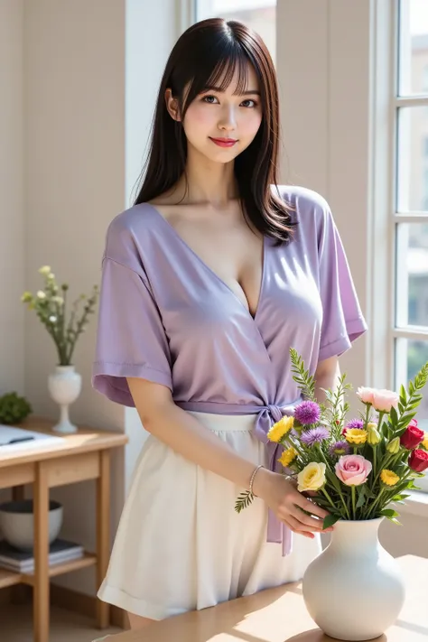 Subject: A well-endowed realistic 20-year-old woman with her long black hair elegantly styled in a low chignon, a gentle smile on her face, her ample bosom and cleavage visible. She's wearing a soft lavender-colored wrap top with a deep V-neckline that sho...