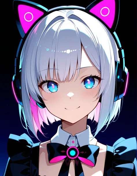 Close-up of a Girl in Sleek Black Maid Dress with Neon Headphones deep violet eyes, short platinum bob with glowing pink neon streaks, wearing a minimal black maid uniform with slim satin trim and detachable LED collar bow. She’s smiling with one eyebrow r...