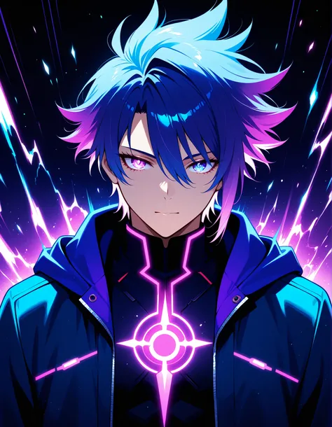 A digital anime-style illustration of a powerful male character standing sideways with his head turned slightly toward the viewer, revealing a sharp silhouette. His spiky hair flows backward, outlined with glowing neon-purple highlights. One eye is glowing...