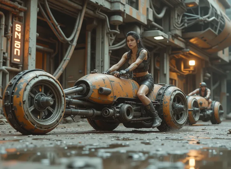 cinematographic photograph using the rule of thirds and composition on planes Photo a 3/4 full body shot counterposed at ground level,  soft light, unmarked contrasts, a retro-futuristic flying motorcycle (Speeder bike) Flying ( bike) inspired by motorcycl...