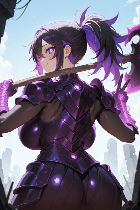 (super detailed:1.2, masterpiece:1.2, best quality:1.2, high res:1.2), 1girl, two-tone hair, purple hair, black hair, multicolored hair, ponytail, red eye, {sharp eyelashes}, bright eyes, huge breasts, shiny skin, two-tone armor, purple armor, black armor,...