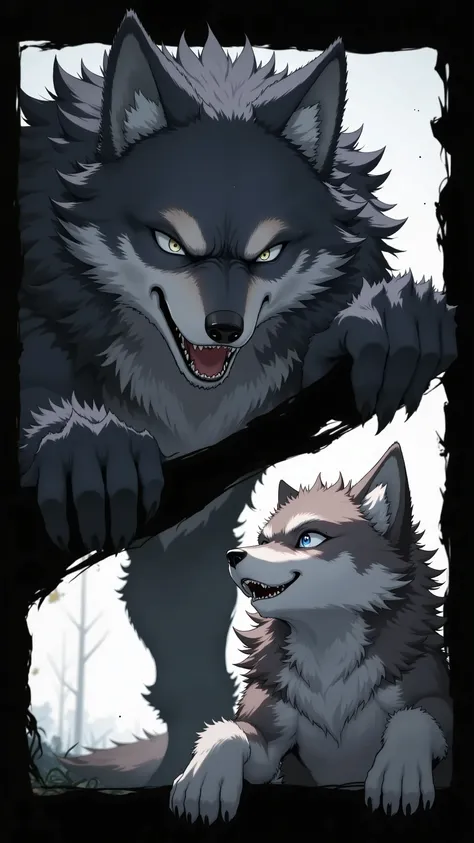 score_9, score_8_up, score_7_up, masterpiece, source_anime, 1animal,puppie,1man,werewolf,plit frame vertically , Display the werewolf on the top frame ,in a dynamic motion ,break,Cute puppie shown on Fran below ,break, Parent- relationship, Howling togethe...