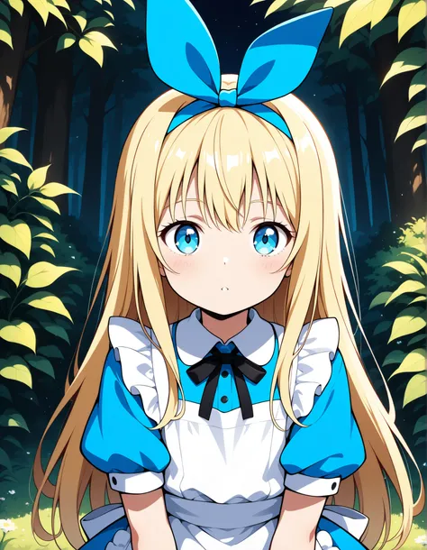 (masterpiece, Highest Quality, very aesthetic, ultra detail, 4k、anime style、vivid colors、high contrast),alice(alice in wonderland),blonde hair,blue eyes, toddler,