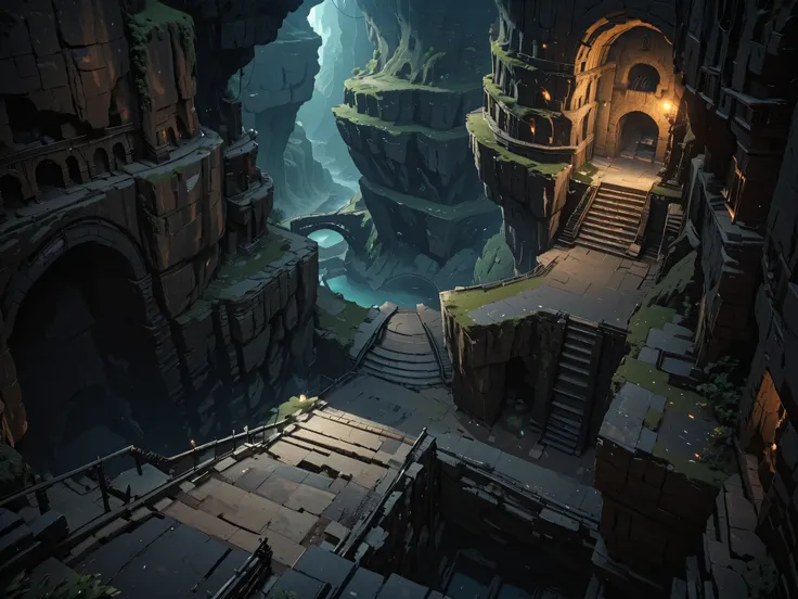 obra maestra, visual novel background, bottom of dungeons and dragons, dark and damp ruins inside a cave with a cliff on the edge, deep and dark abyss, crypt inside a cave with a cliff on the edge, cracked and broken floors, without humans, aerial view, hi...