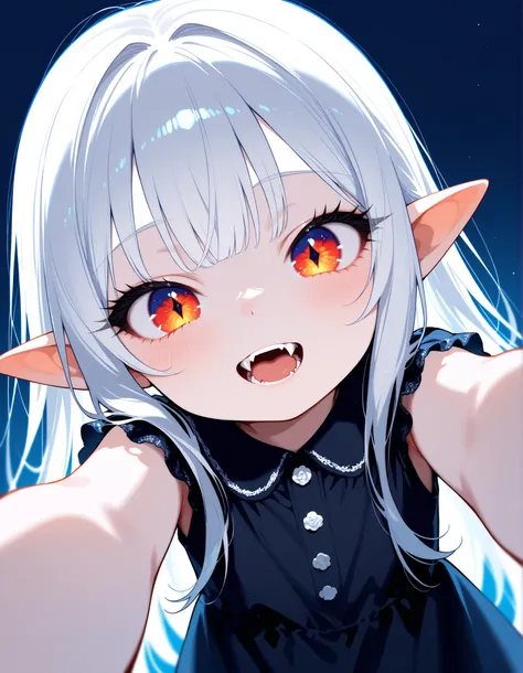 safe, masterpiece, best quality, good quality, very aesthetic, absurdres, newest, 1girl, solo, toddler, white hair, pointy ears, detailed eyes, fangs, pale skin, black dress, perspective, dynamic angle,long eyelashes, thick eyelashes, black nails, large ey...