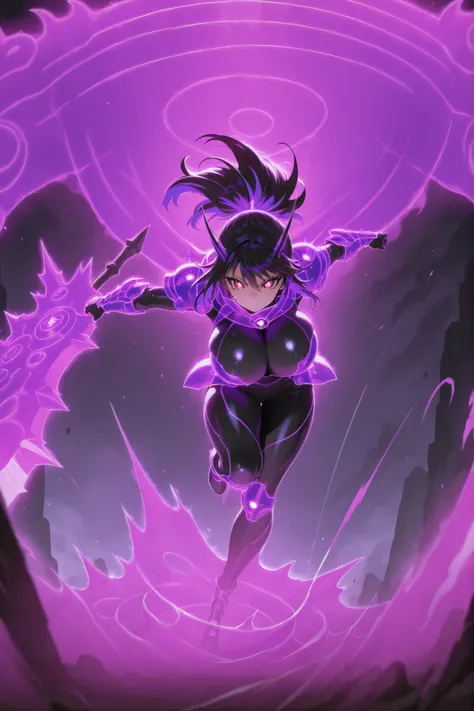 (super detailed:1.2, masterpiece:1.2, best quality:1.2, high res:1.2), 1girl, two-tone hair, purple hair, black hair, ponytail, red eye, {sharp eyelashes}, bright eyes, huge breasts, shiny skin, purple energy armor, purple energy, black energy, glowing arm...