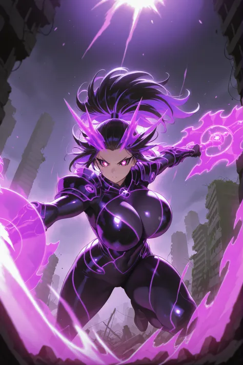 (super detailed:1.2, masterpiece:1.2, best quality:1.2, high res:1.2), 1girl, two-tone hair, purple hair, black hair, ponytail, red eye, {sharp eyelashes}, bright eyes, huge breasts, shiny skin, purple energy armor, purple energy, black energy, glowing arm...