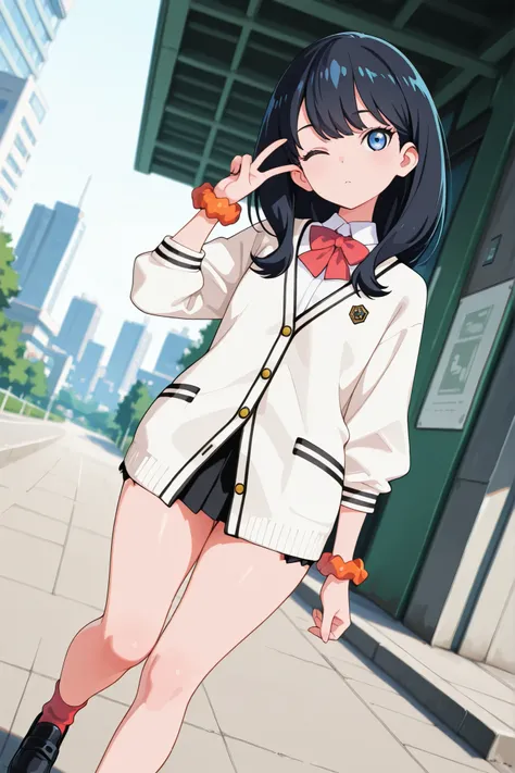 masterpiece, highest quality, latest, ultra-high resolution, high resolution, source_anime, Takarada Rikka, black hair, blue eyes, long hair, orange scrunchie, scrunchie, wrist scrunchie, black shoes, black skirt, bow tie, buttoned up, cardigan, collared s...