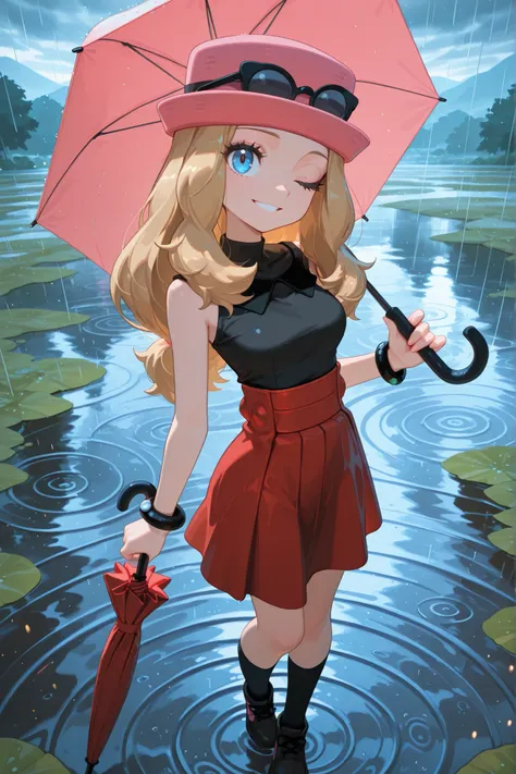 Masterpiece, Best Quality, Medium Bust, (Curvaceous), Tiny Waist, Blake, zzSerena, Solo, Long Hair, Blue Eyes, Hat with Glasses, Pink Hat, Eyelashes, Sleeveless Shirt, Black Shirt, Bracelet, High Waist Skirt, Red Skirt, Black Knee Socks,

One Woman, Solo, ...