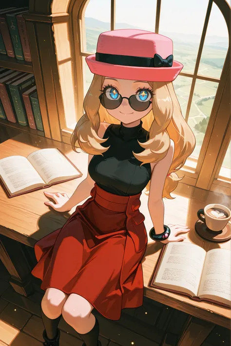 Masterpiece, Top Quality, Medium Bust, (Curvaceous), Tiny Waist, Blake, zzSerena, Solo, Long Hair, Blue Eyes, Hat with Glasses, Pink Hat, Eyelashes, Sleeveless Shirt, Black Shirt, Bracelet, High Waist Skirt, Red Skirt, Black Knee Socks,

One Woman, Solo, S...