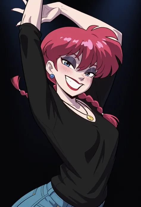 safe_pos, Ranma Saotome. red hair. pigtail. blue eyes. braid. small breasts. gigantic ass. necklace. black eyeliner. pink manicure. | 4k, fine detail, high quality eyes, masterpiece, best quality, amazing quality, geh1, 0r4, eigaka, possmach, 1 girl, solo ...