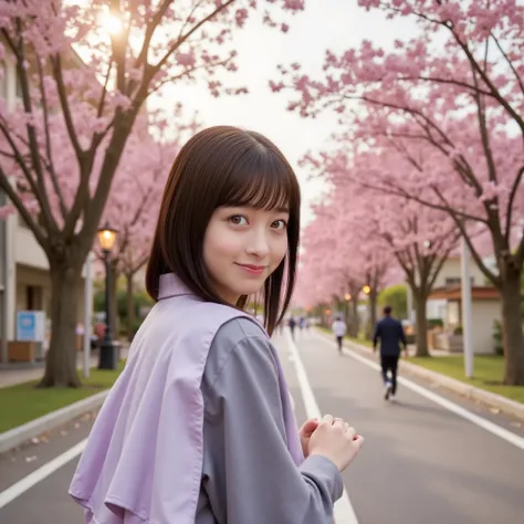 Hyperealistic POV view, being gently led forward by a soft-spoken Japanese woman resembling Kanna Hashimoto. She walks just ahead, her back turned, holding your hand warmly with quiet trust. Her long indigo-blue hair flows softly in the breeze, side strand...