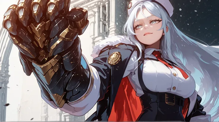 A young female character in her body s, with the same height and body type as Sylpha Langlis from Tensei Shitara Dai Nana Ōji. She has long white hair with a red ribbon on one side of her head, like Sylpha Langlis from Tensei Shitara Dai Nana Ōji, and the ...