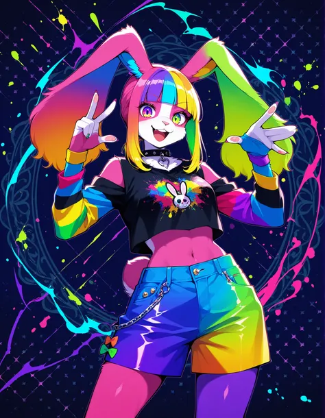 furry female rabbit, Harajuku Fashion , vivid color , colorful , Gothic , bold pose