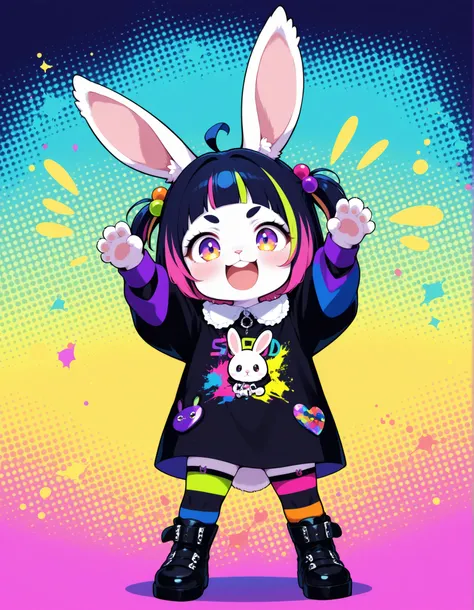 furry female rabbit, Harajuku Fashion , vivid color , colorful , Gothic , bold pose, toddler,