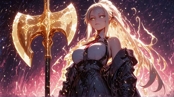 A young female character, with the same height and body type as Mash from Fate Grand Order. She has long blonde hair tied in a ponytail like Artoria Pendragon Ruler from Fate Grand Order, and the same facial features as Artoria Pendragon Ruler from Fate Gr...