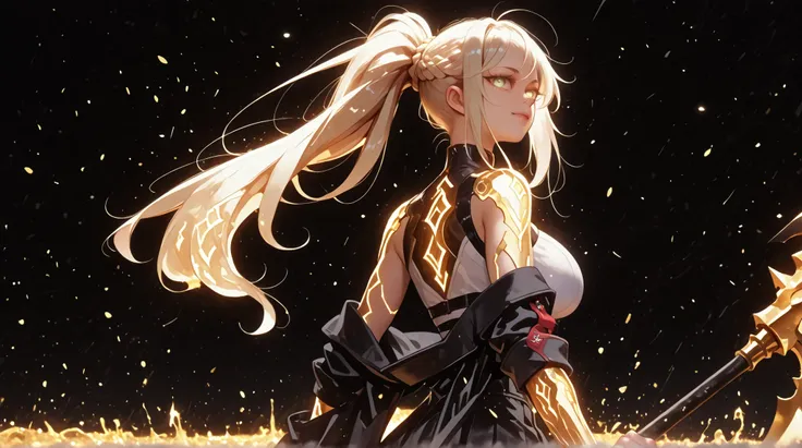 A young female character, black background, with the same height and body type as Mash from Fate Grand Order. She has long blonde hair tied in a ponytail like Artoria Pendragon Ruler from Fate Grand Order, and the same facial features as Artoria Pendragon ...
